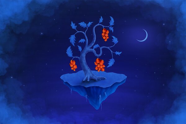 A tree with gifts on an island floating in the air, against the background of the night sky with the moon