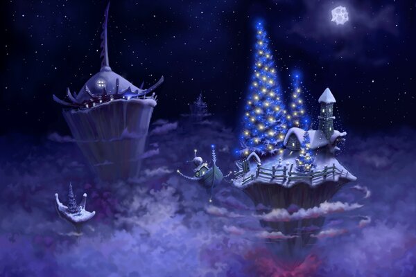 A Christmas tree with blue and yellow garlands and a house on rocky islands in the clouds in the fantasy style