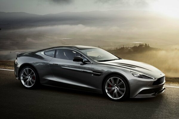 A silvery black car rushes through the steppe