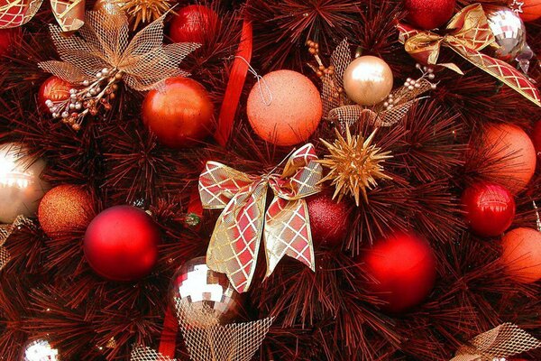 Christmas tree in scarlet decorations