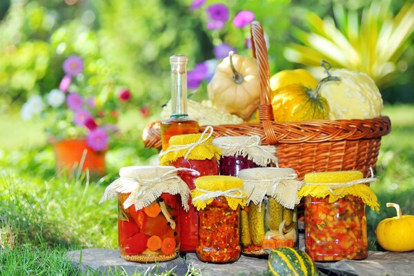 The blanks are standing near the basket with pumpkins