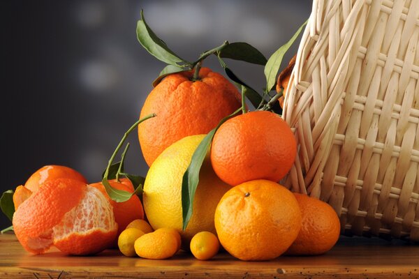 Basket with round orange citrus fruits