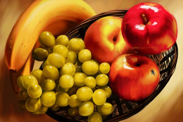 Cesta de frutas en la mesa. Manzanas, plátanos y uvas