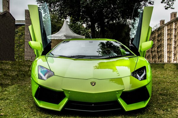 Voiture de sport verte avec portes ouvertes