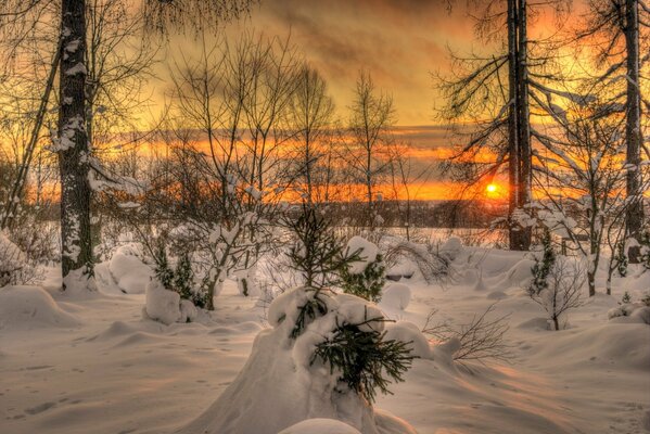 Faszinierende Winternatur mit Sonnenuntergang am Himmel und weißen Wolken