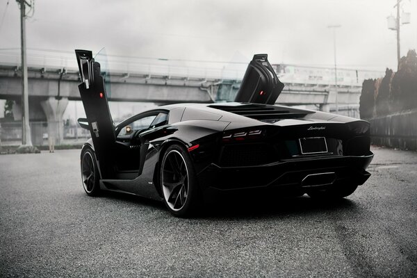 Black Lamborghini aventador close-up with raised doors