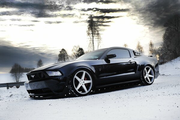 Black Ford Mustang on the background of a winter landscape