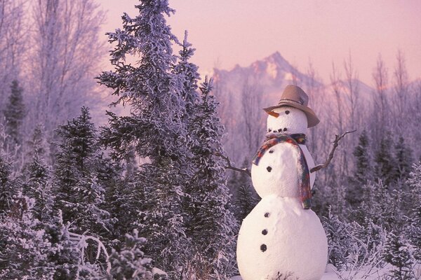 A snowman in the forest. Winter Forest