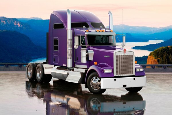 Camion tracteur violet sur fond de montagnes