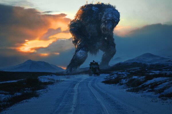 A troll chases a car at sunset