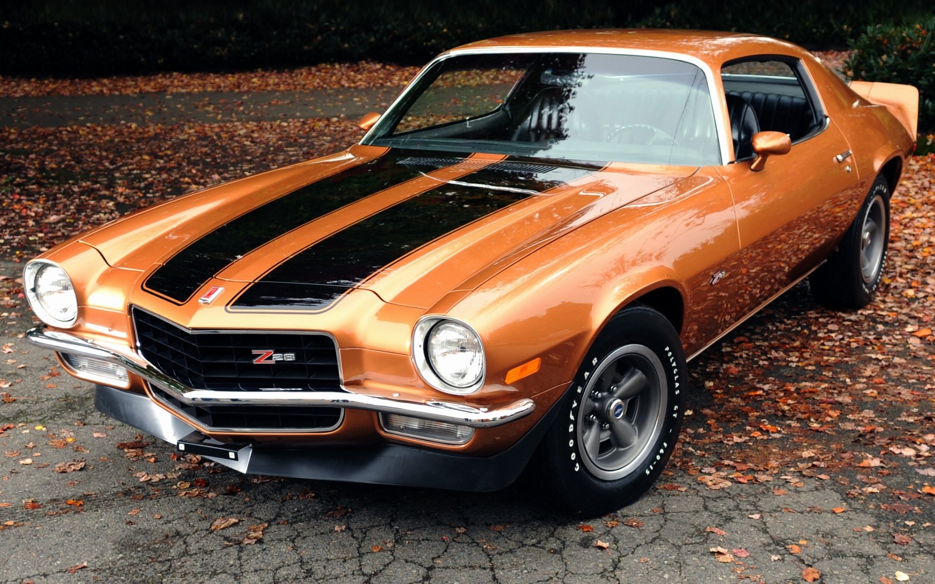 chevrolet camaro z28 1971 chevrolet camaro coupe front orange muscle car muscle car leaves background