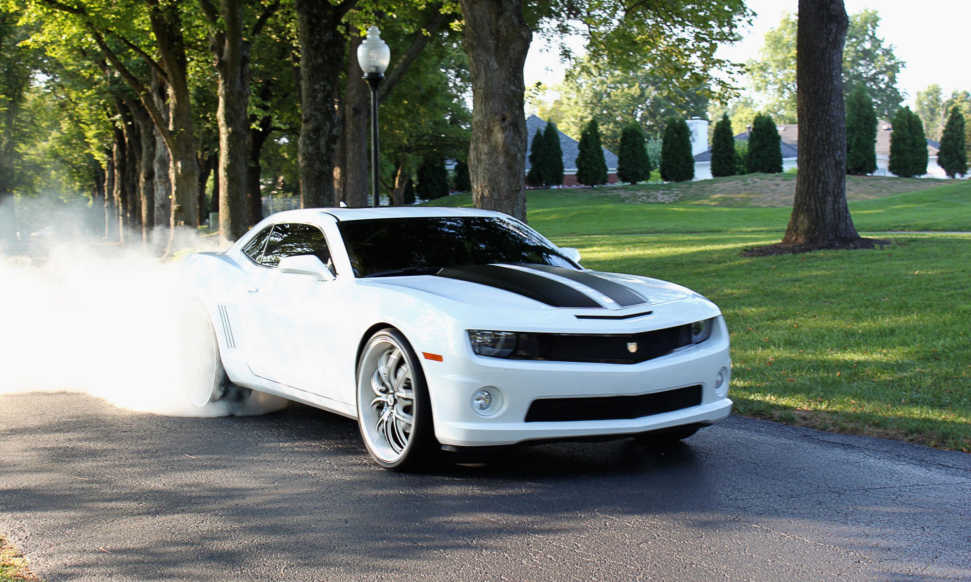 chevrolet camaro chrome drives asanti smoke asphalt tree