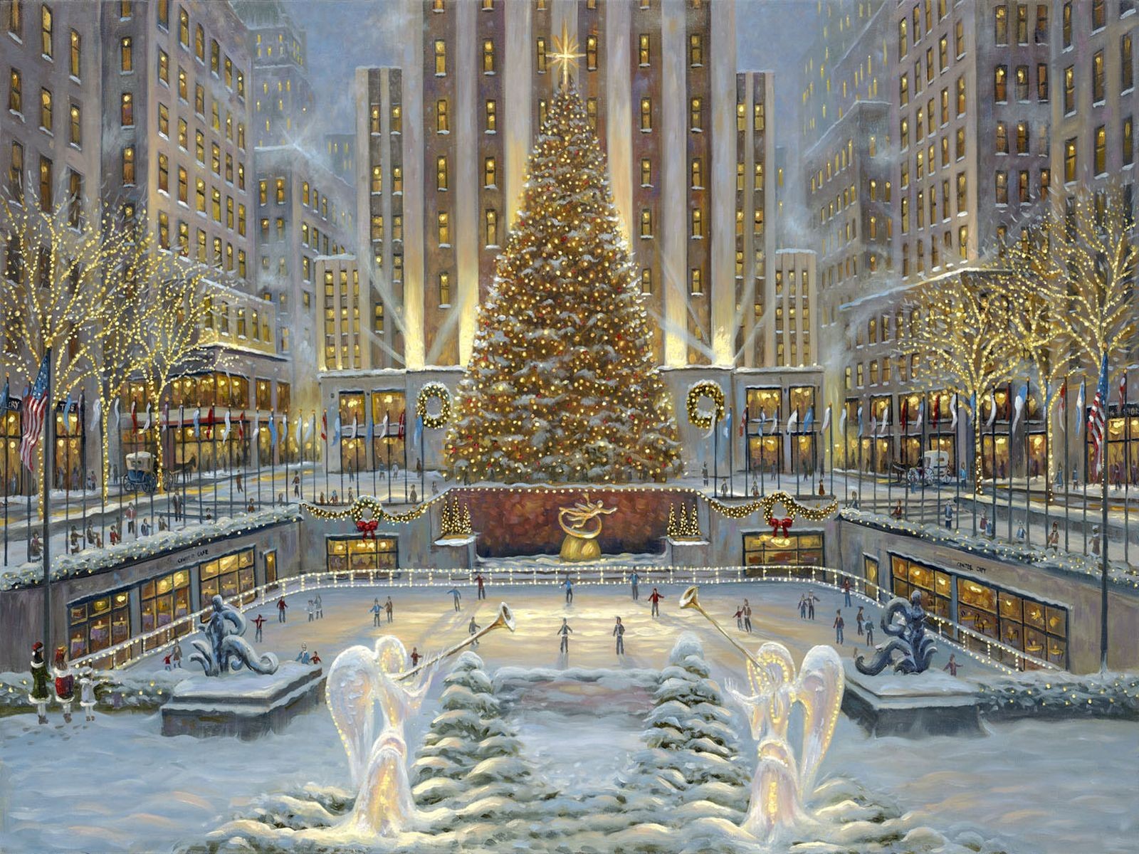 robert finale vacanze natale angeli albero di natale pista di pattinaggio inverno neve persone pittura arte