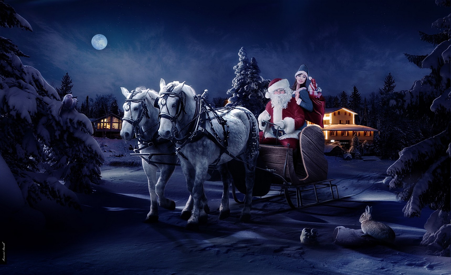 père noël chevaux lune nuit nouvel an