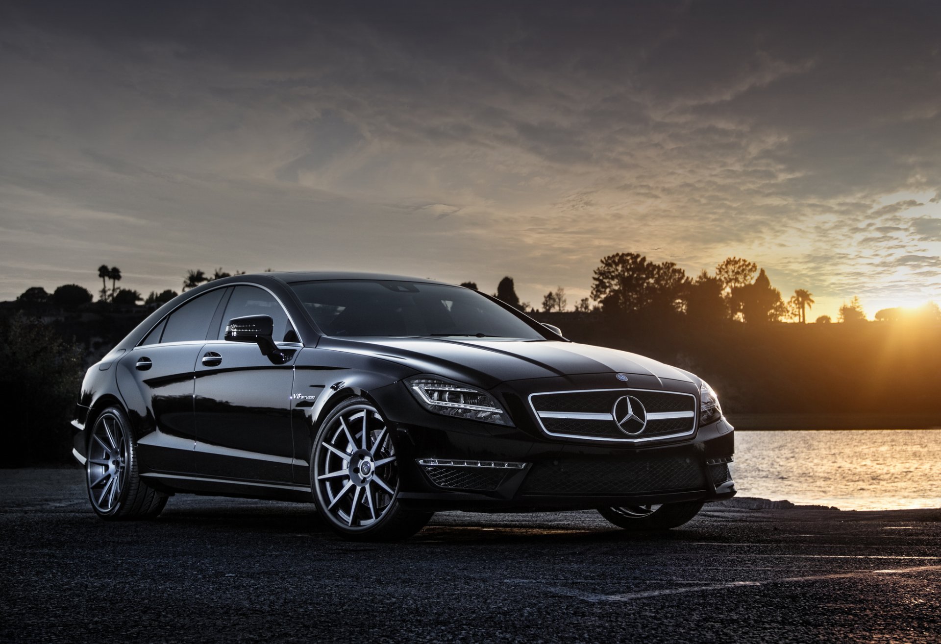 mercedes-benz cls-klasse w218 cls 63 amg negro frente mercedes benz puesta de sol sol resplandor