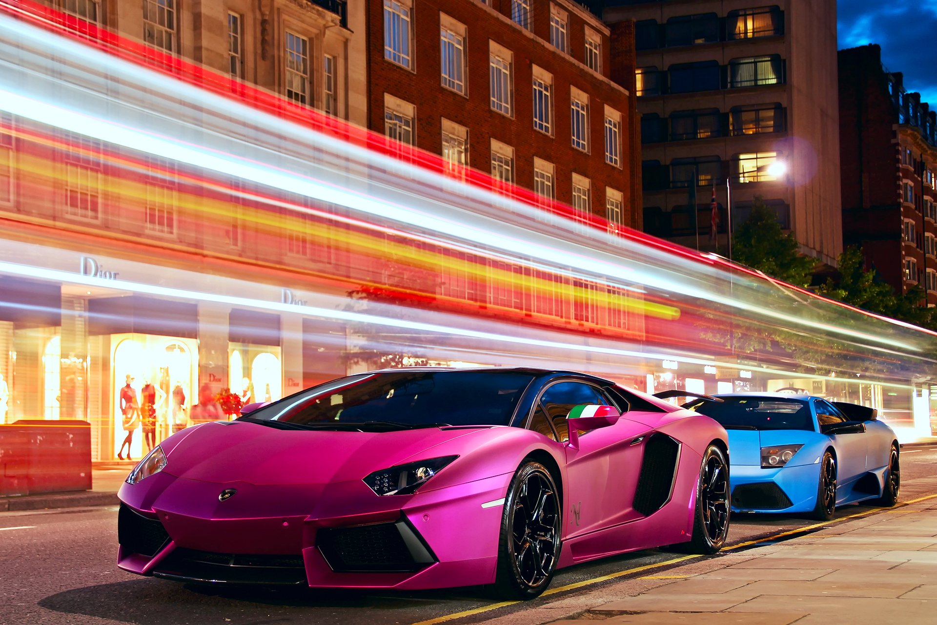 lamborghini aventador lp700-4 lamborghini lamborghini aventador city night evening road light exposure curb shop