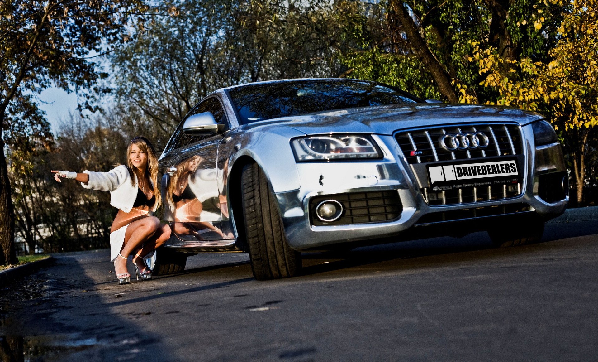 audi s5 auto auto cromo lucido autunno fogliame ragazza bella bionda accovacciata