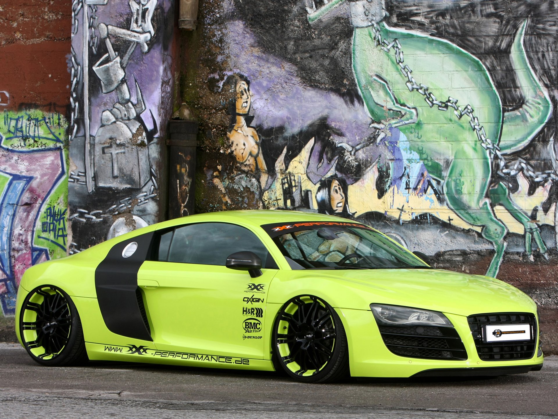 xxx wydajność audi r8 v10 audi r8 b10 supersamochód przód tuning felgi ściana grafit tło