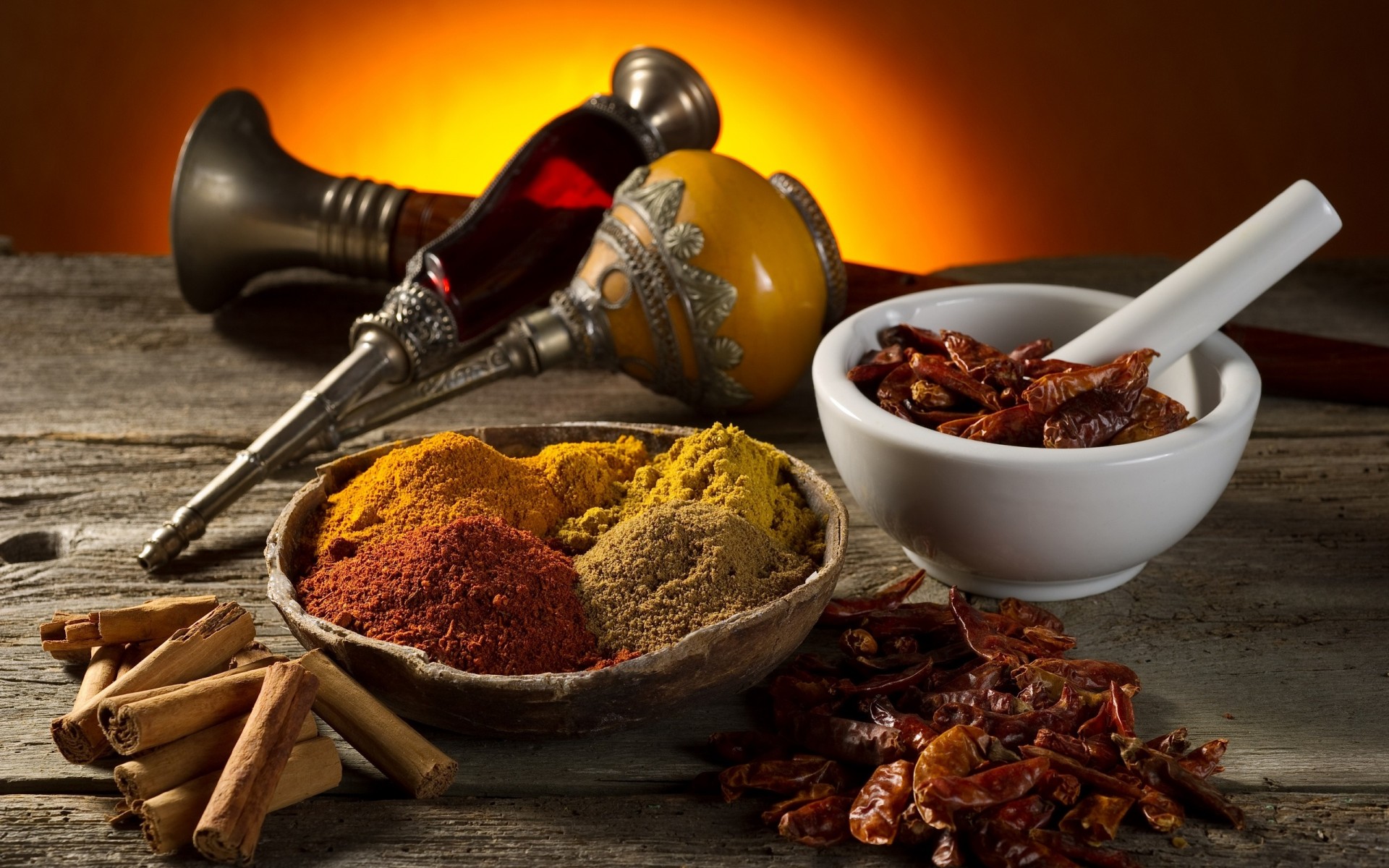 red pepper spices mortar table curry cinnamon