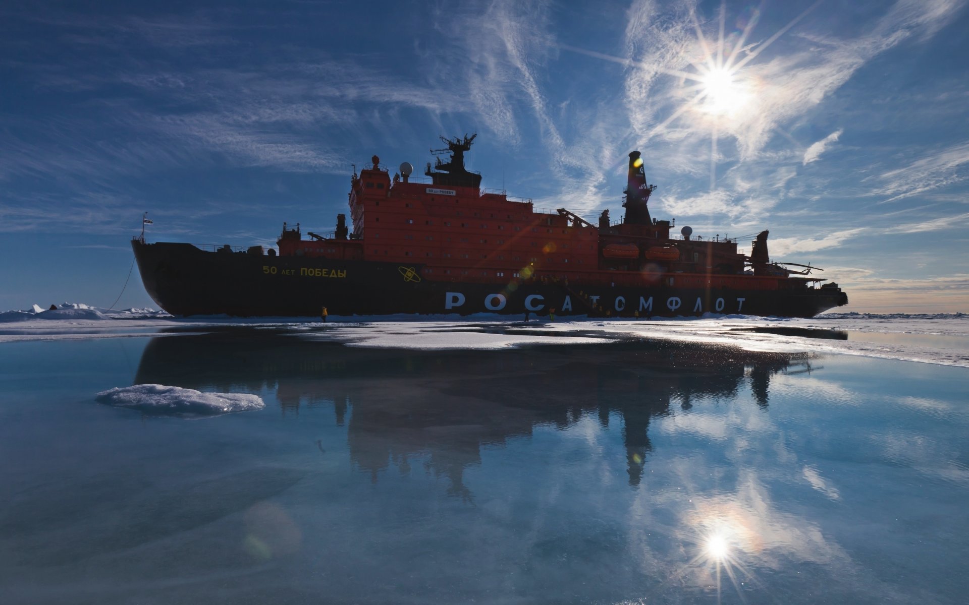 barco rompehielos atómico 50 años de victoria mar hielo frío sol cielo poder