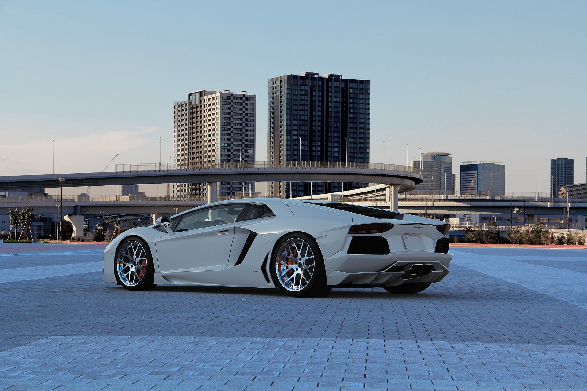 lamborghini aventador lp700-4 blanc lamborghini aventador vue arrière ciel viaduc