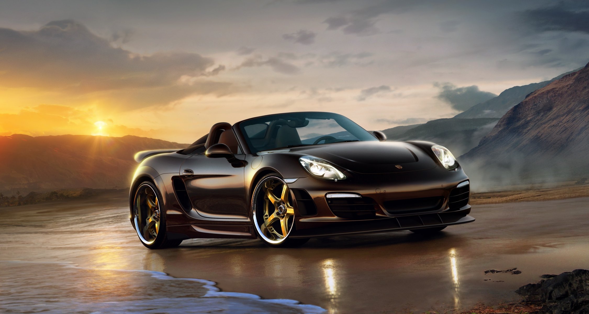 porsche boxster küste meer steine sonnenuntergang cabrio