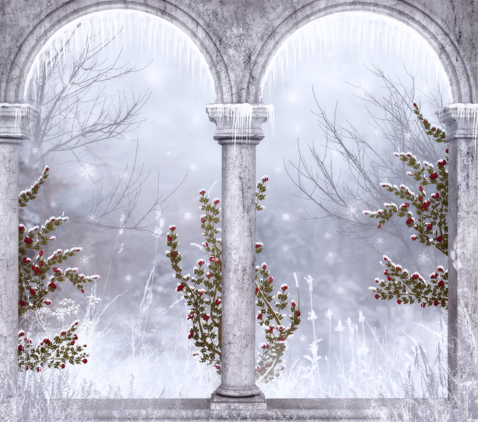 gothique glaçons flocons de neige ruines hiver colonnes