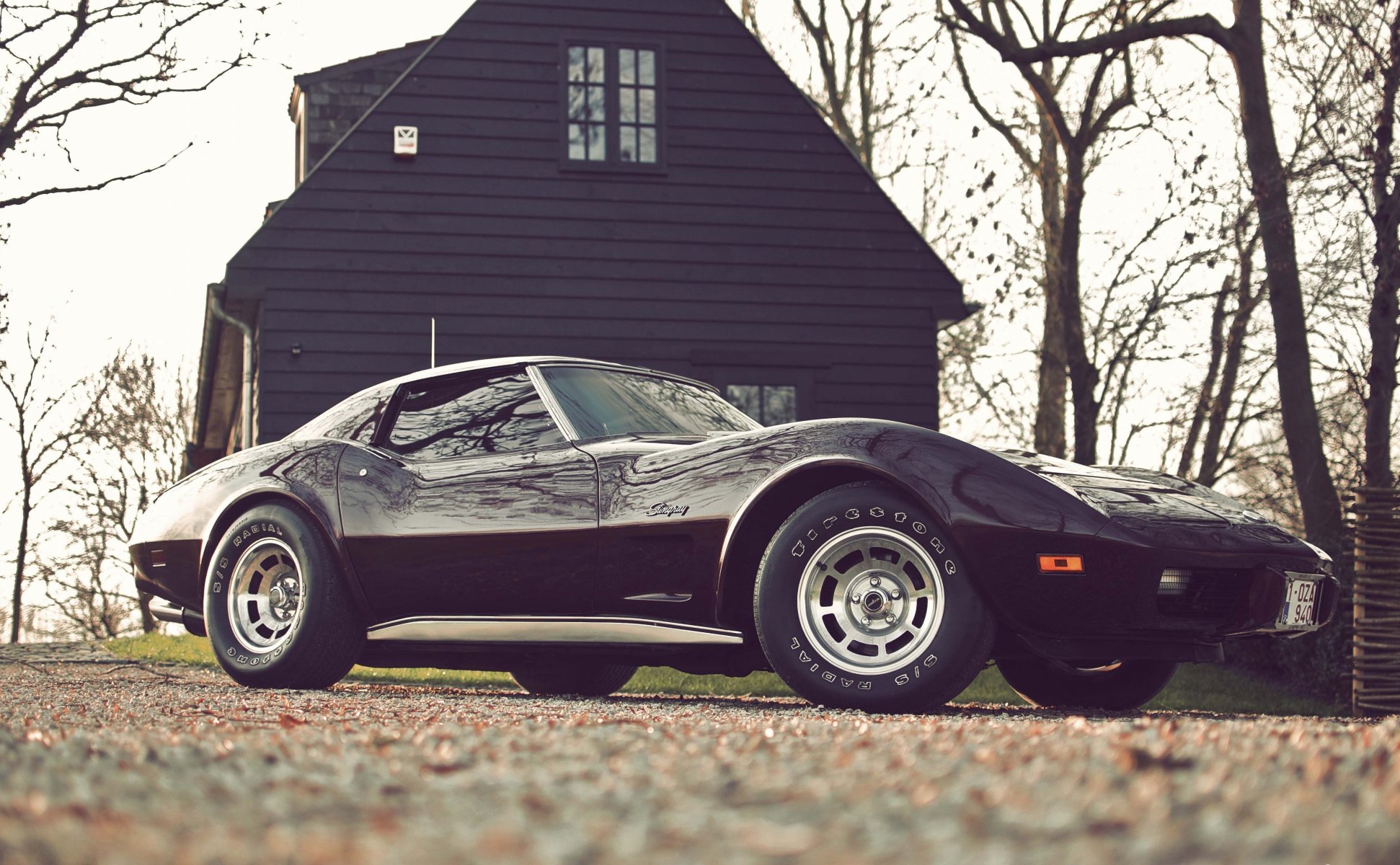 chevrolet corvette stingray c3 chevrolet stingray otoño hojas árboles casa