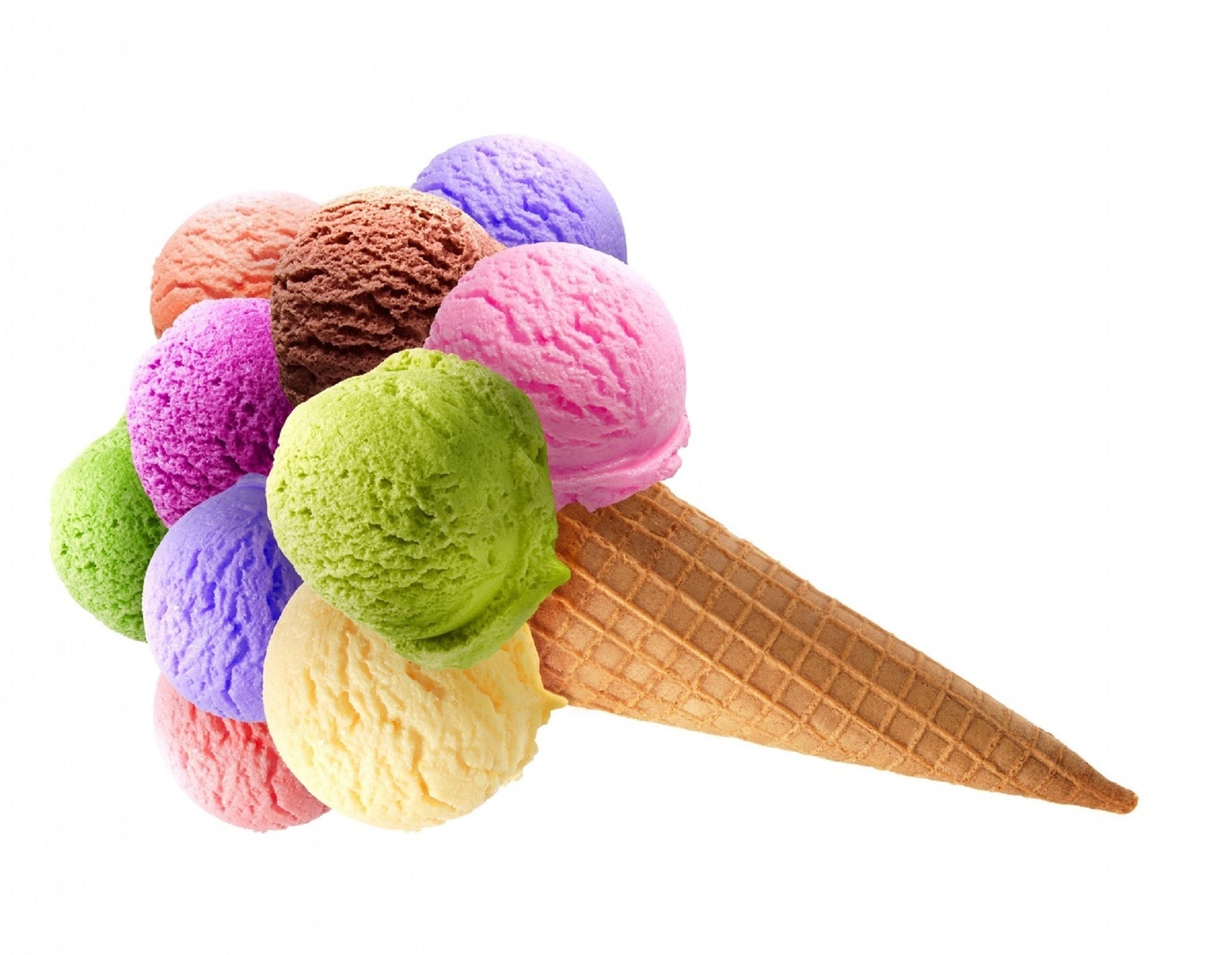 alimentaire doux dessert boules multicolores fond blanc gaufre cornet crème glacée tube