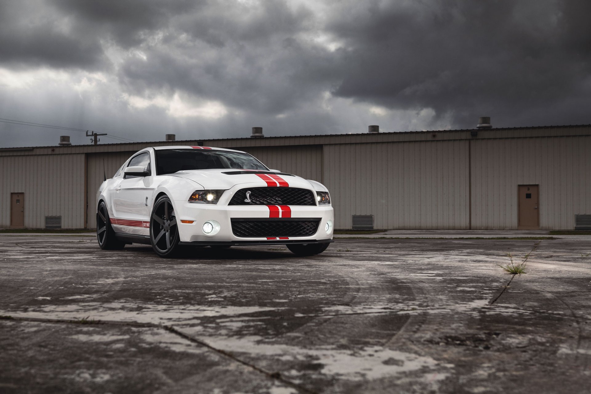 ford mustang gt500 shelby coche del músculo blanco muscle car rayas rojas nubes edificio