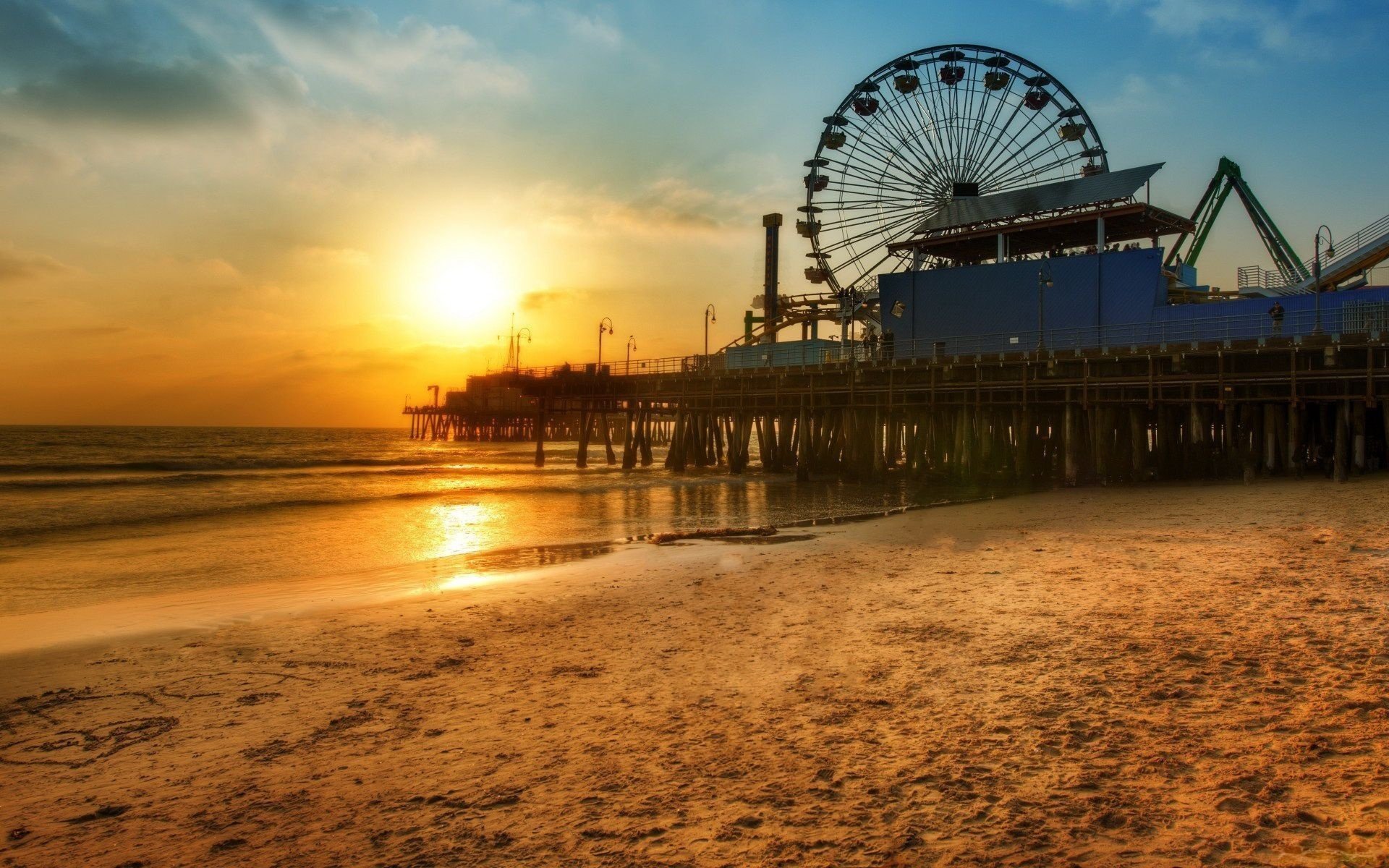 wheel pier beach sunset ferri