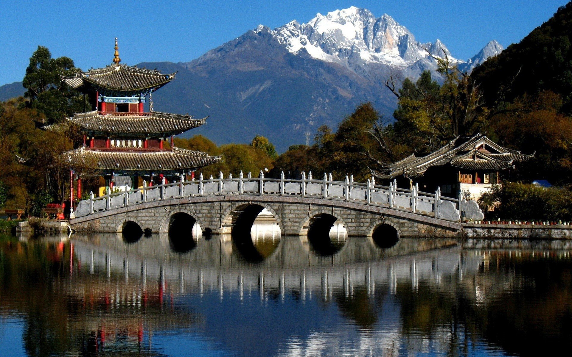 pagoda bridge trees river mountains china