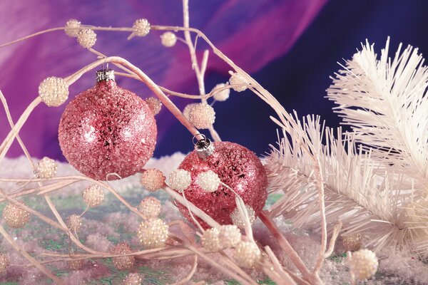 Boules de Noël roses et branches de sapin blanc