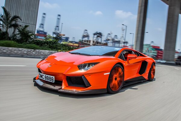 Orange lamborghini aventador LP900-4 molto veloce rides on the road