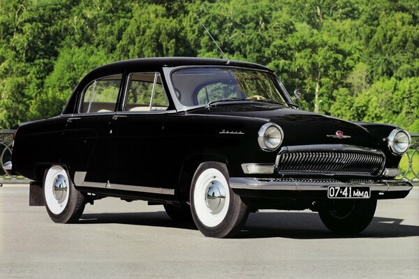 The Black Volga of the old generation on the road in the forest