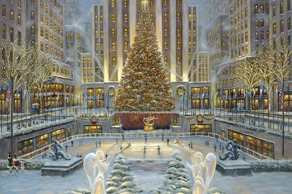 Patinoire de Noël près d un arbre de Noël à New York