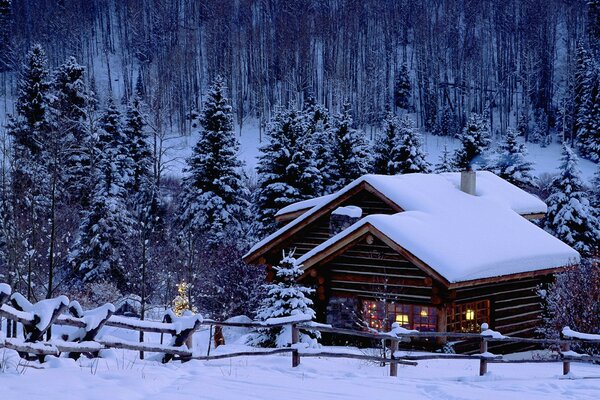 Casas cubiertas de nieve y árboles de Navidad en año nuevo