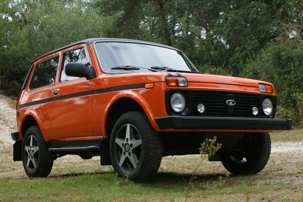 Orange SUV on a forest road