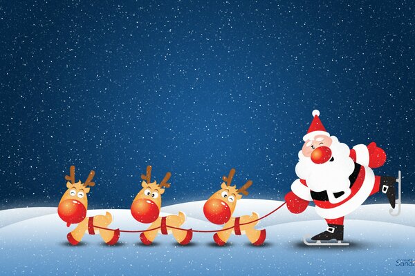 Santa Claus on skates with a reindeer team