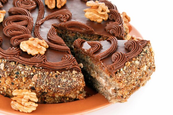 Chocolate cake decorated with walnuts