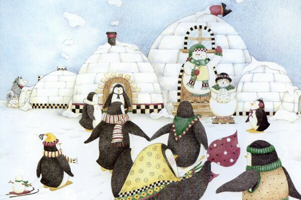 Illustration with penguins, snowmen and an igloo