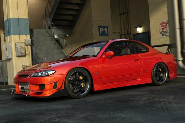 Coche rojo Nissan Silvia en el estacionamiento