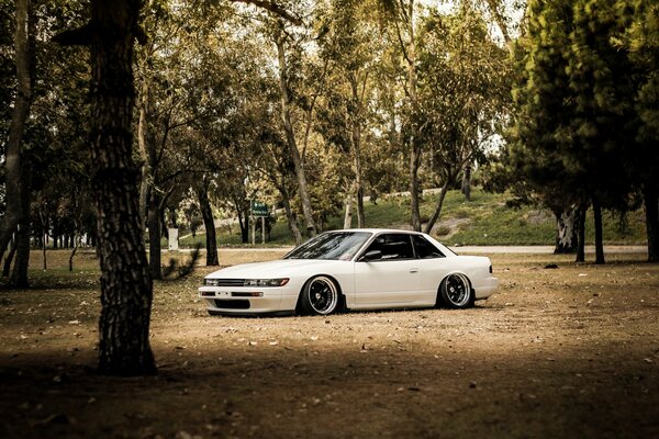 Nissan Silvia S13 blanco en medio de los árboles