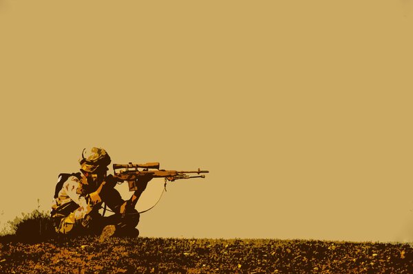 The sniper is waiting for the enemy in the field against the background of the brown sky