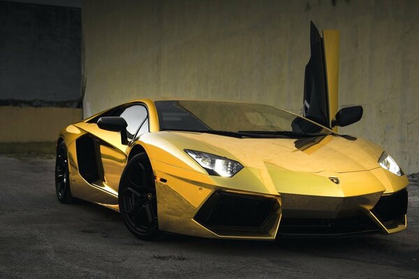 Golden Lamborghini Aventador with open door