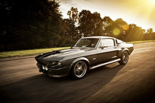 Ford Mustang alla velocità sullo sfondo della foresta