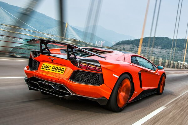 Tuning lamborghini in motion on the bridge