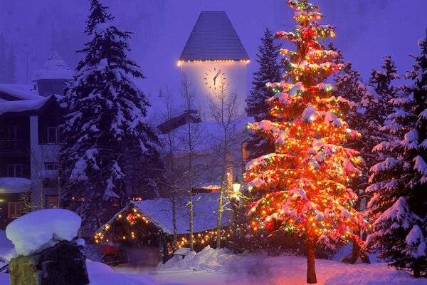 Arbre de Noël lumineux sur fond d autres en hiver