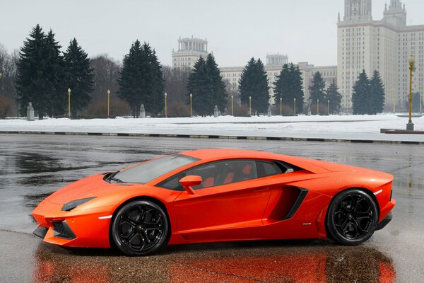 Оранжевая lamborghini aventador lp700-4 на фоне МГУ