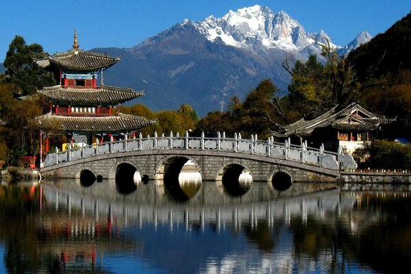 Bridge over the lake with mountain view